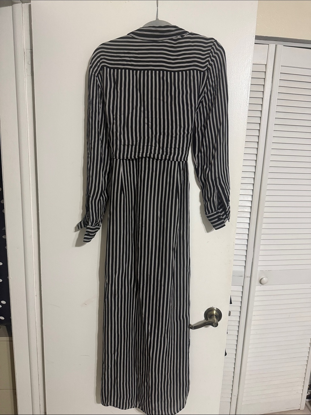 Michael Kors Black and White Vertical Stripe Long Sleeve Tie-Front Dress - Picture 7 of 8